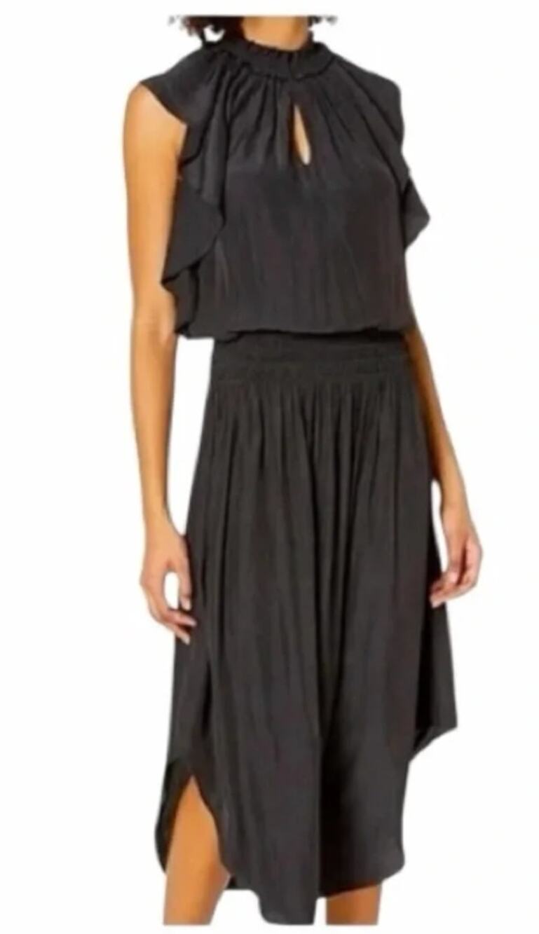 Ramy Brook Wrenn Flutter Sleeve Smocked Waist Midi Satin Dress Black Medium